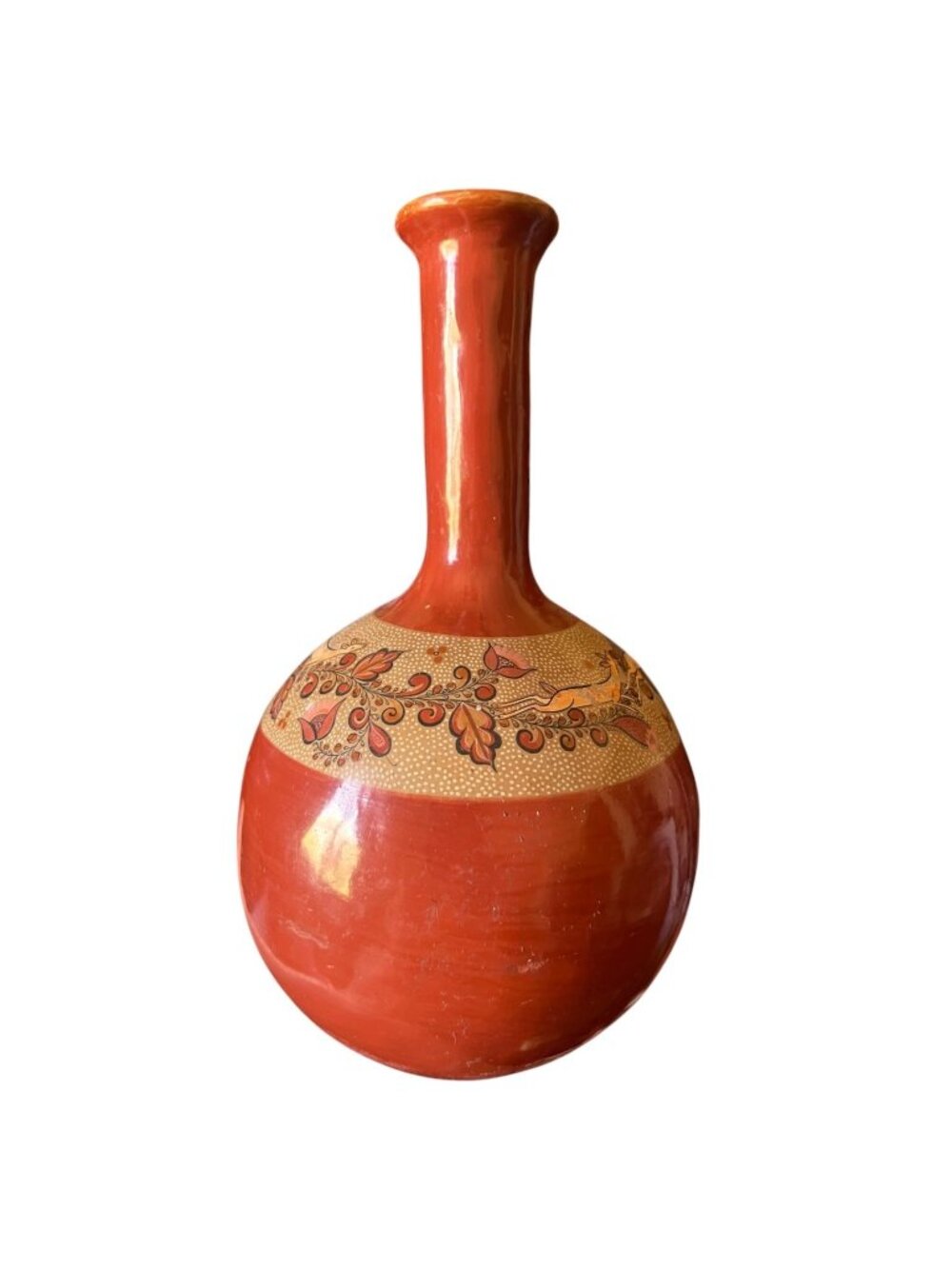 Handmade Tonala Mexico Pottery Vase Signed Angel Santos Leaping Deer Design 8" T